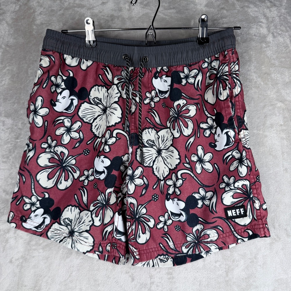 Neff Disney Mickey Mouse Swim Trunks Mens Small Maroon Floral Hibiscus Shorts